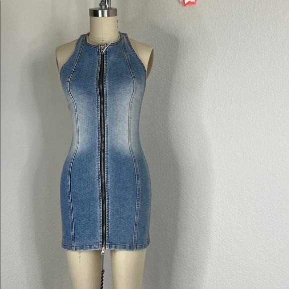 REVICE Dresses & Skirts - REVICE Light Blue Denim Dress with Front Zipper